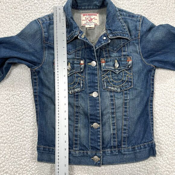 True Religion Denim Trucker Jacket Jimmy Women’s Medium Distressed Y2K - Picture 8 of 14